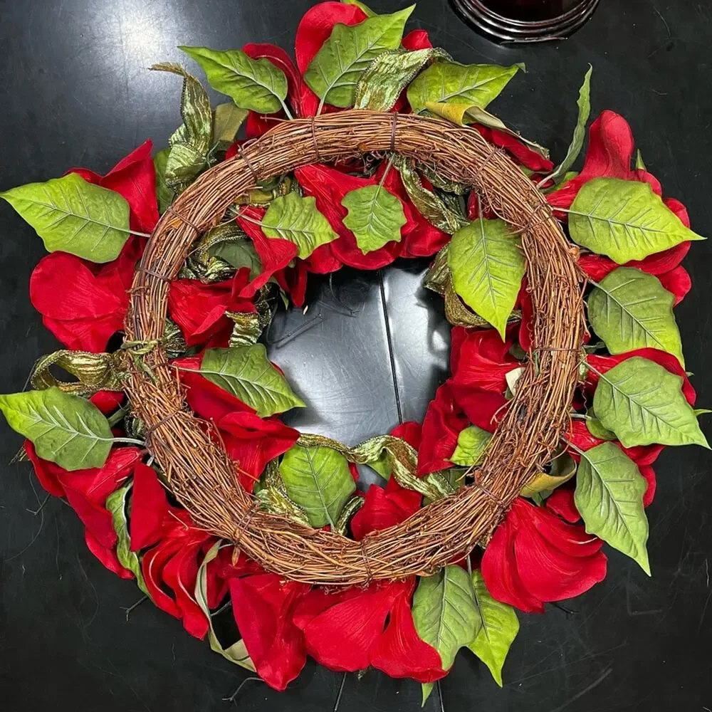 NEW Pottery Barn Poinsettia Decorative Christmas Holiday Hanging Wreath Round